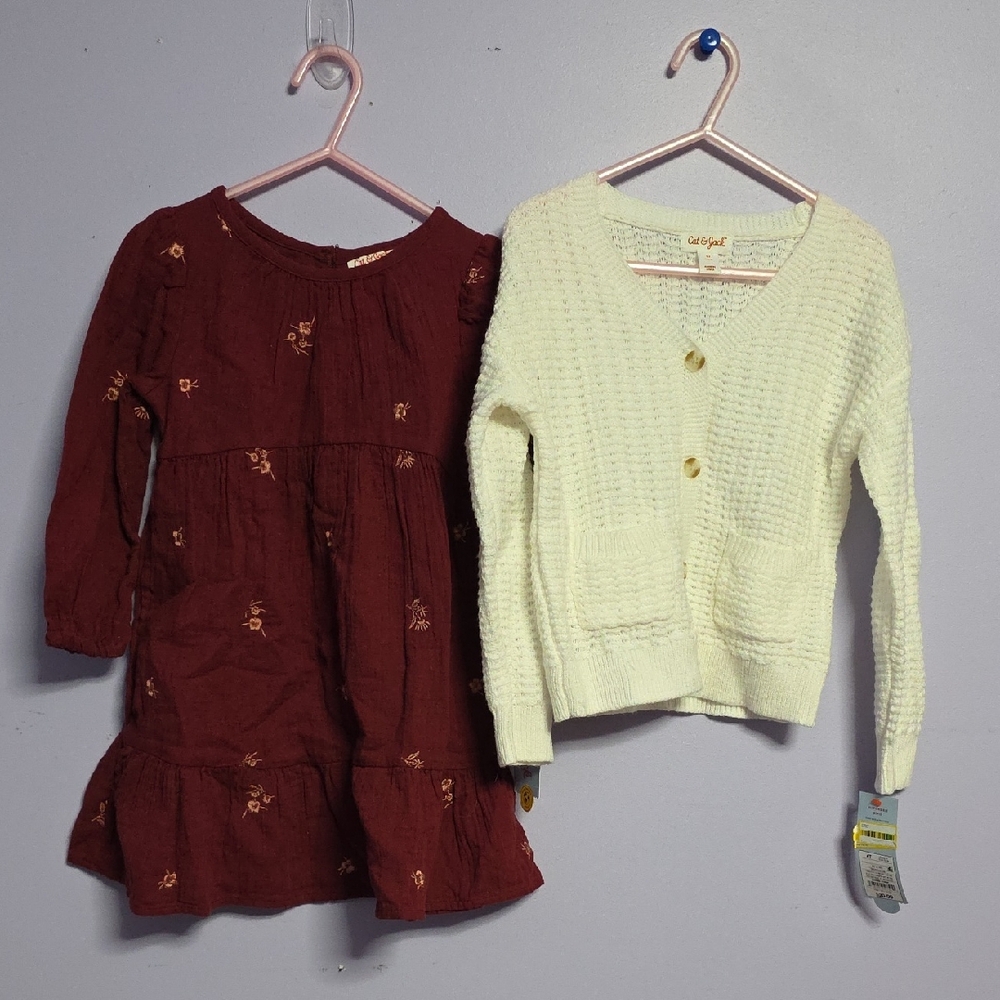 Cat & Jack Burgundy Dress and Ivory Cardigan Set